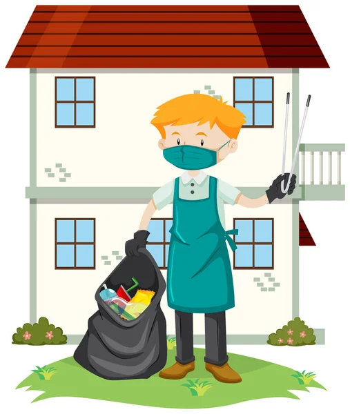 A Man Cleaning the Yard illustration