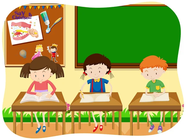 Tre Studenter Lärande Klassrummet Illustration — Stock vektor