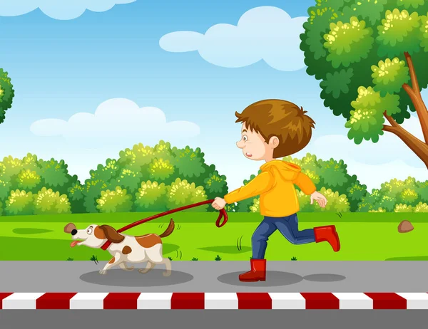 Young Boy Walking Dog Illustration — Stock Vector