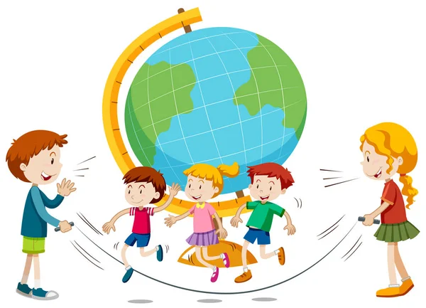 Children Skipping Infront Globe Illustration — Stock Vector