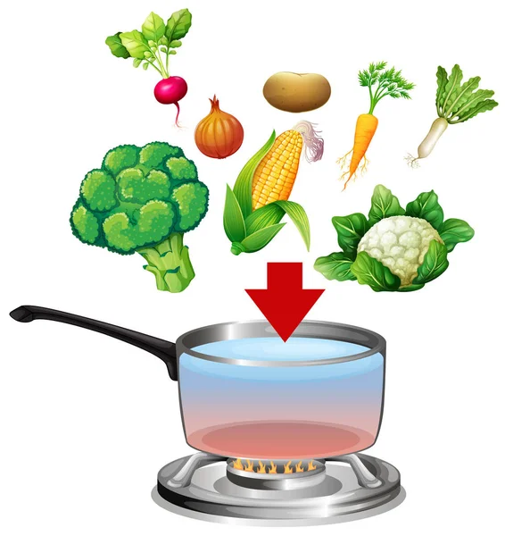 Verduras Entrando Una Ilustración Olla — Vector de stock