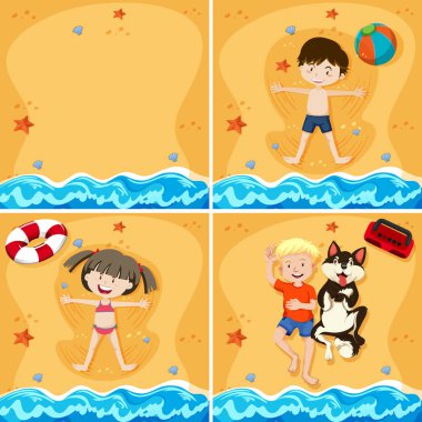 Bir ayarla, çocuğa Sandy Beach illüstrasyon