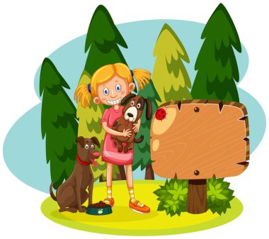 Kız iki köpekler orman sahne çizim ile