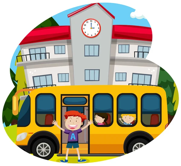 Happy boy infornt of a school bus illustration