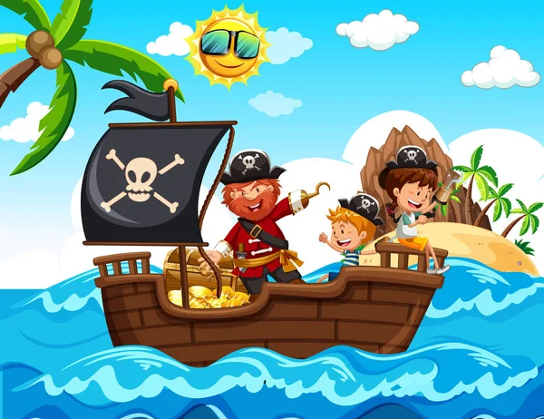 海盗和孩子在小船例证 — 图库矢量图片