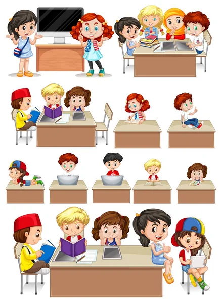 Set School Students Studying Illustration — Stock Vector