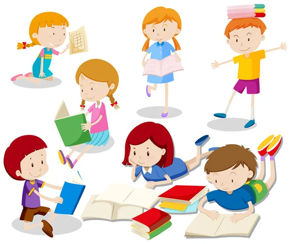 Bir Ayarla Çocuklar Okuma Kitap Illustration — Stok Vektör