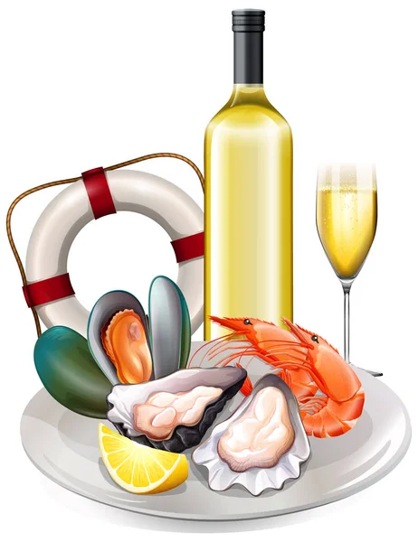 白ワインのイラストと魚介類の食事 — ストックベクタ