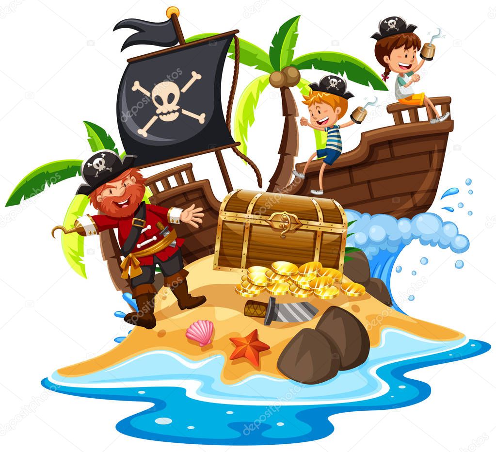 Pirate and Happy Kids at Island illustration