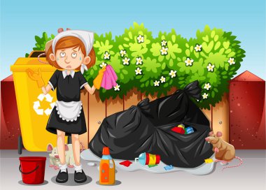 Bir hizmetçi temizlik kirli alan illüstrasyon