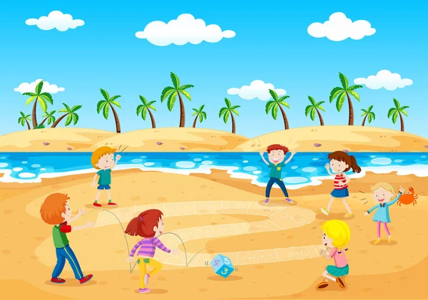 Children Playing Next Beach Illustration — Stock Vector