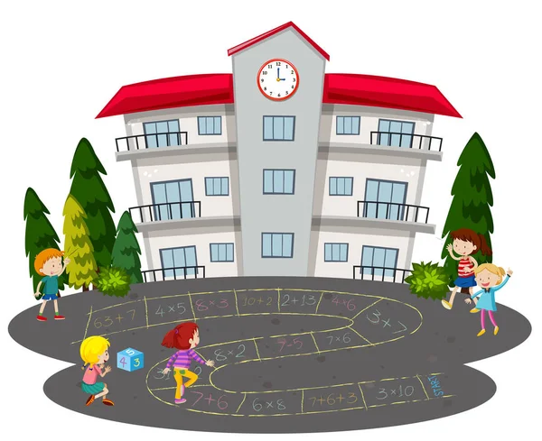 Children playing hopscotch in front of a school illustration