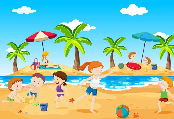 Dzieci Bawiące Się Plaży Ilustracja Lato — Wektor stockowy