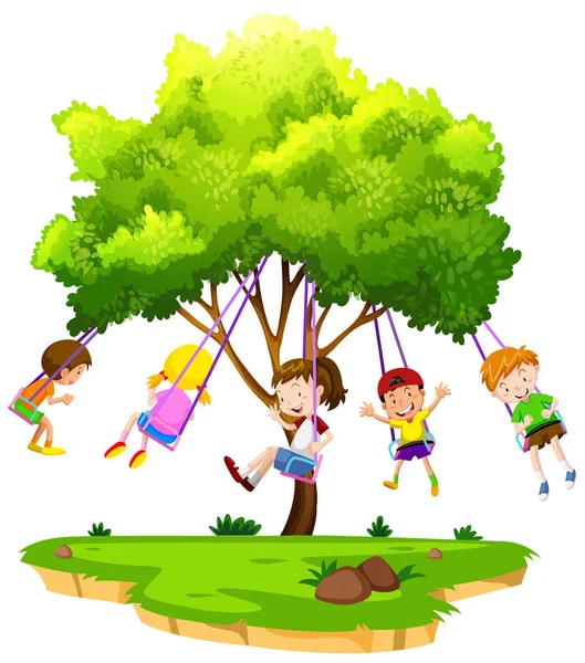 Children Sitting Tree Swing Illustration — Stock Vector