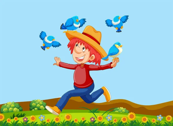 A Happy Farmer with Birds illustration