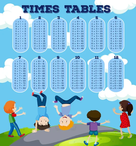 Bambini Con Tempi Matematica Tabelle Illustrazione — Vettoriale Stock