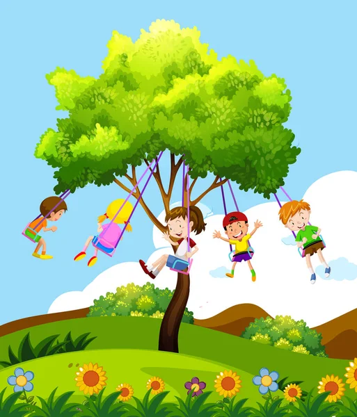 Crianças Sentadas Ilustração Tree Swing — Vetor de Stock