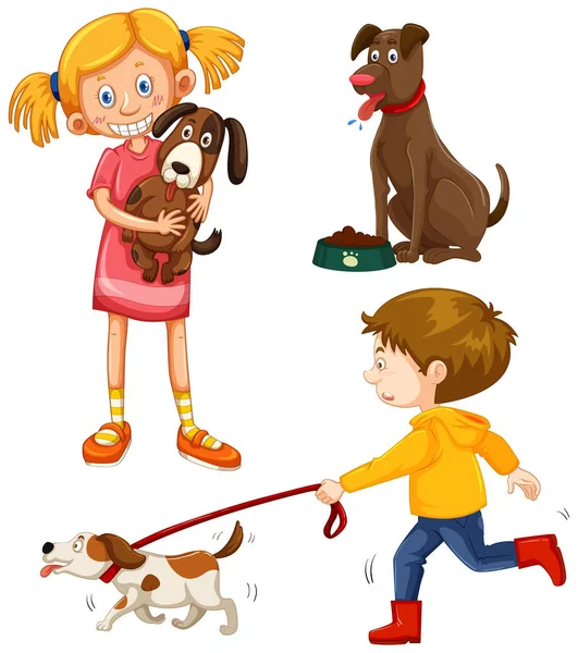 Set People Dog Illustration — Stock Vector