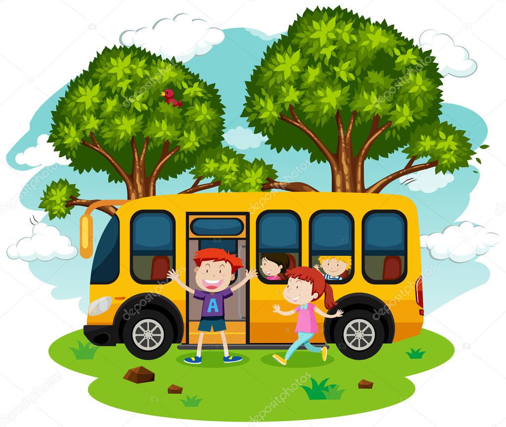 A School Bus and Students illustration
