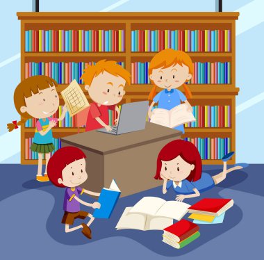 Grup illüstrasyon okuyan çocuk