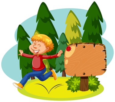 Bir mutlu bir adam ve ahşap tabela illüstrasyon