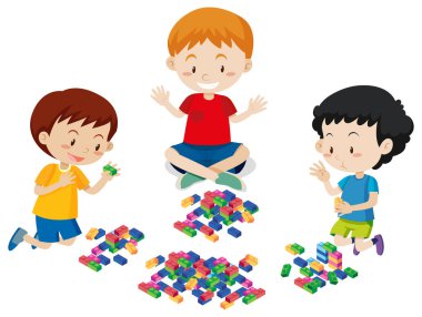 Çocuklar oynarken Lego üzerinde beyaz arka plan illüstrasyon