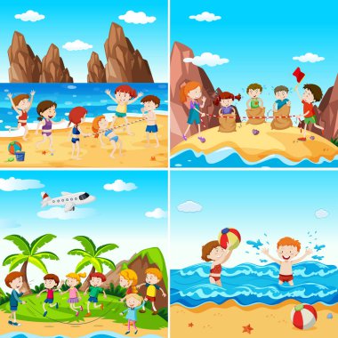 Bir ayarla, çocuklara Beach illüstrasyon
