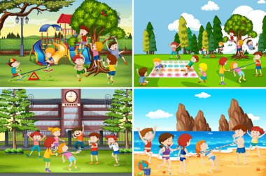 A Set of Children Playing in Differnt Location illustration clipart