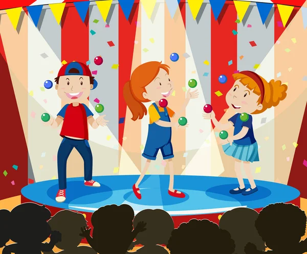 Children Perform Juggling Stage Illustration — Stock Vector