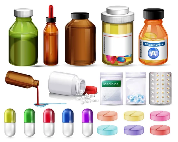 Reeks Van Pillen Geneeskunde Containers Illustratie — Stockvector