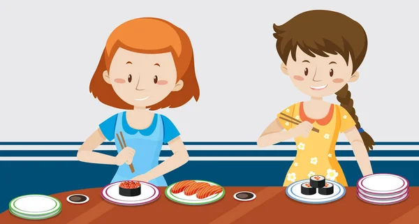 Girls Eating Japanese Sushi Illustration — Stock Vector