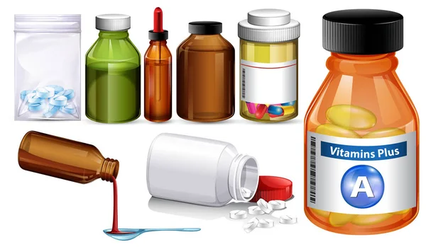 異なるメディエンスの容器や錠剤のイラストのセット — ストックベクタ