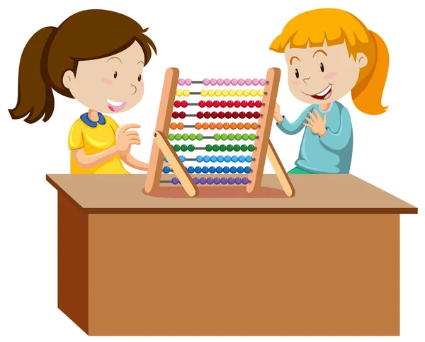 Two Young Girls Playing Abacus Illustration — Stock Vector