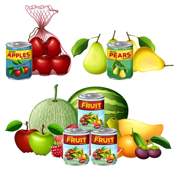 Sebuah Set Fresh Canned Fruits Ilustrasi - Stok Vektor