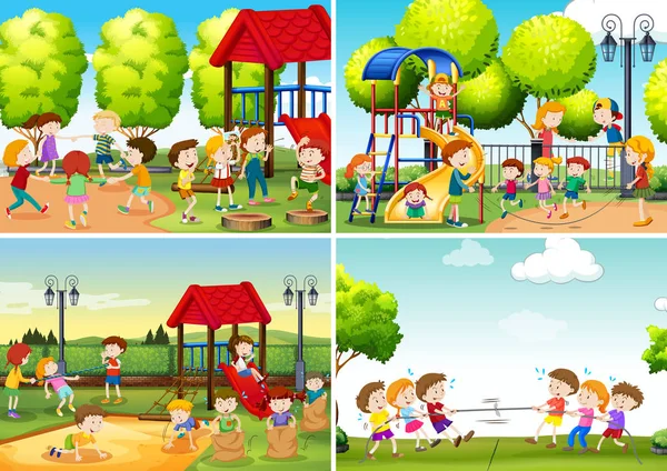 Conjunto Crianças Parque Infantil Ilustração — Vetor de Stock