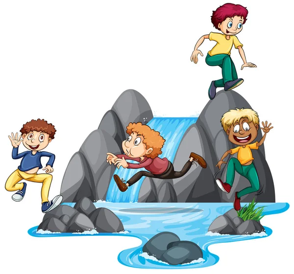 Niños Jugando Ilustración Cascada — Vector de stock