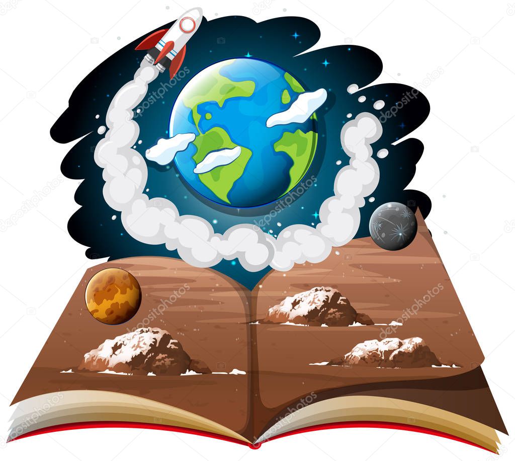 Galaxy with earth and rocket ship on a book illustration