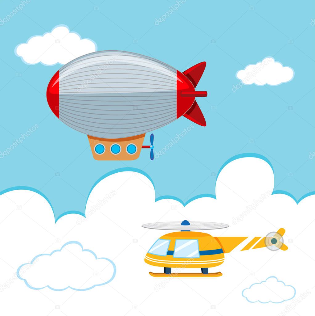 blimp and Helicopter in the sky illustration