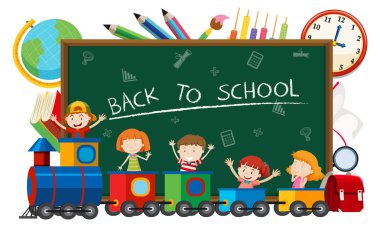 Back to school on blacboard with children on train illustration clipart