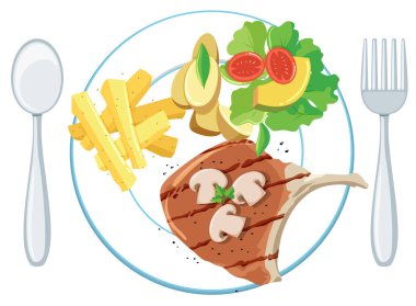 Bir tabak domuz pirzolası cips ve salata illüstrasyon