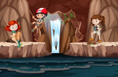 Bir grup insan mağara illüstrasyon keşfetmek