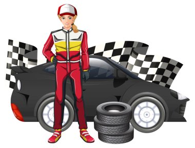 Kadın formula 1 sürücüsü ve araba illüstrasyon