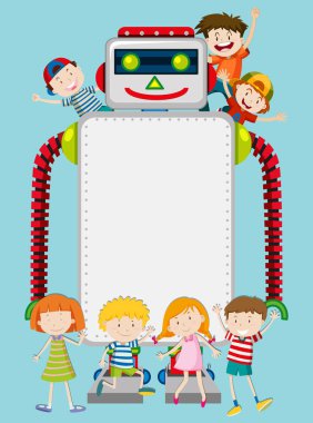 Bir robot ve mutlu çocuklar şablon çizimi