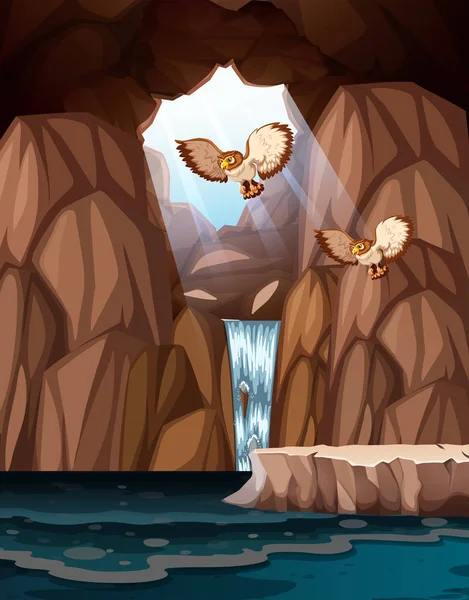 洞穴与瀑布和猫头鹰例证 — 图库矢量图片