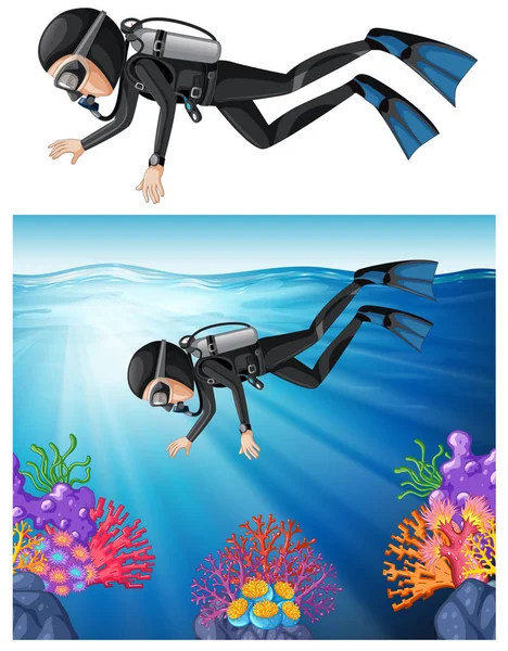 Scuba Diver Pływanie Rafa Ilustracji — Wektor stockowy