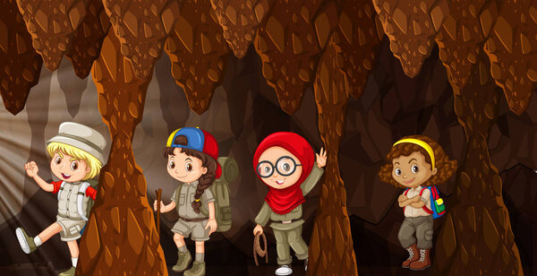 International kids camping in the cave illustration