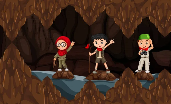 Escoteiro Explorando Ilustração Caverna Escura — Vetor de Stock