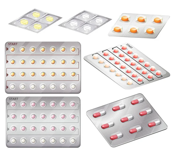 Conjunto Pílulas Controle Natalidade Ilustração —  Vetores de Stock