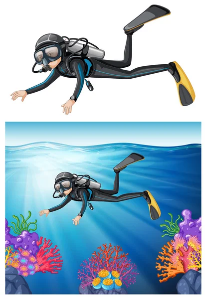 Penyelam Snorkeling Melalui Ilustrasi Karang - Stok Vektor