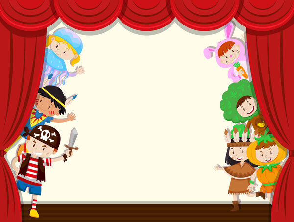 Children behide curtain school performance illustration